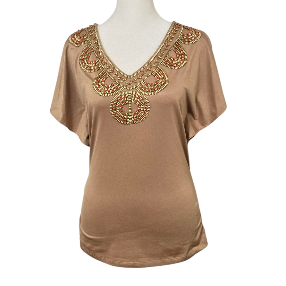 Cache Embellished Tan Gold Top Size XS